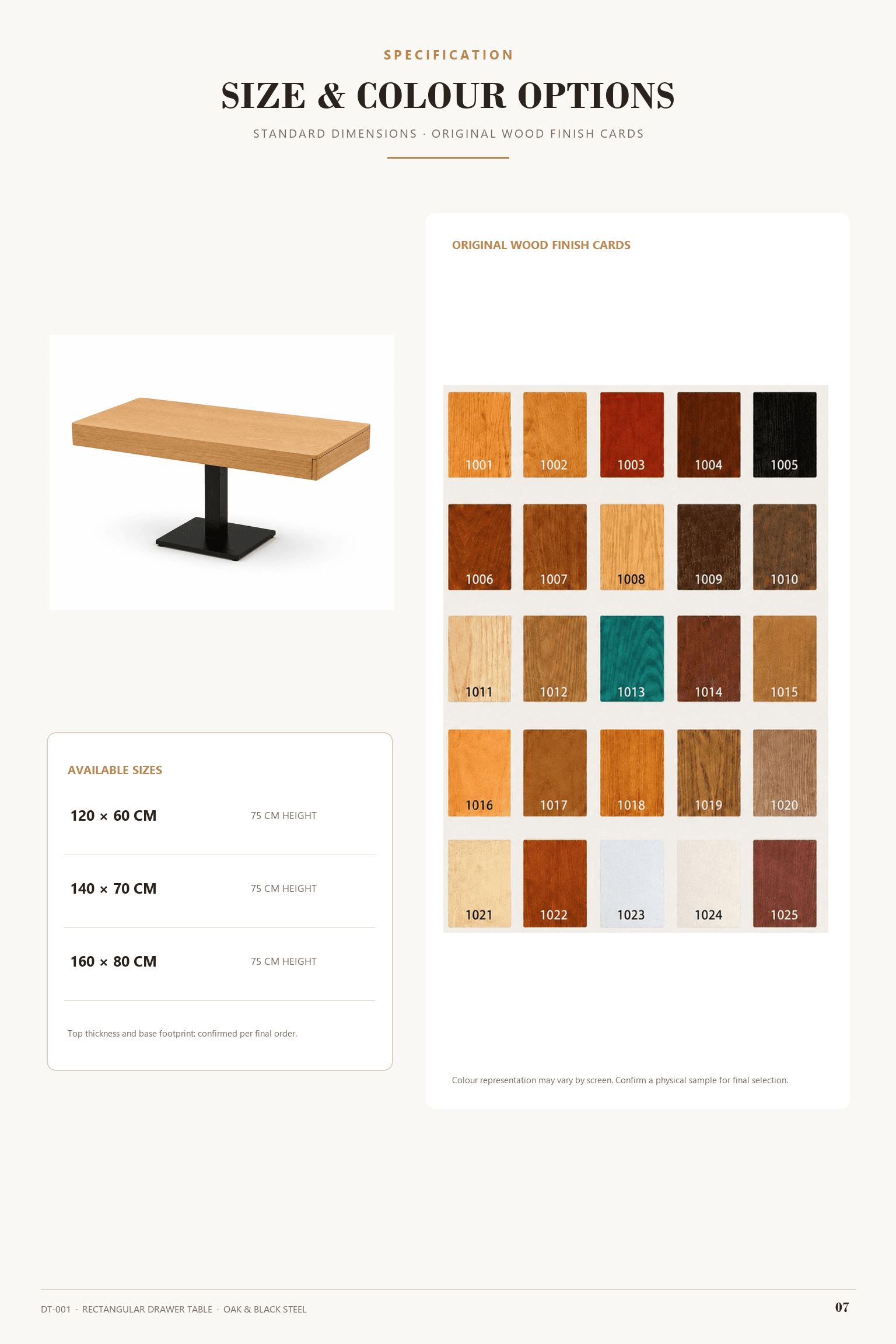 DT-001 · Size and colour options