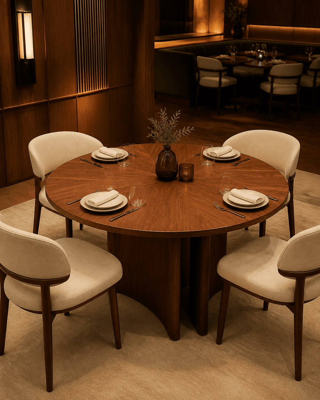 A walnut round table and upholstered chairs in a warm restaurant setting.