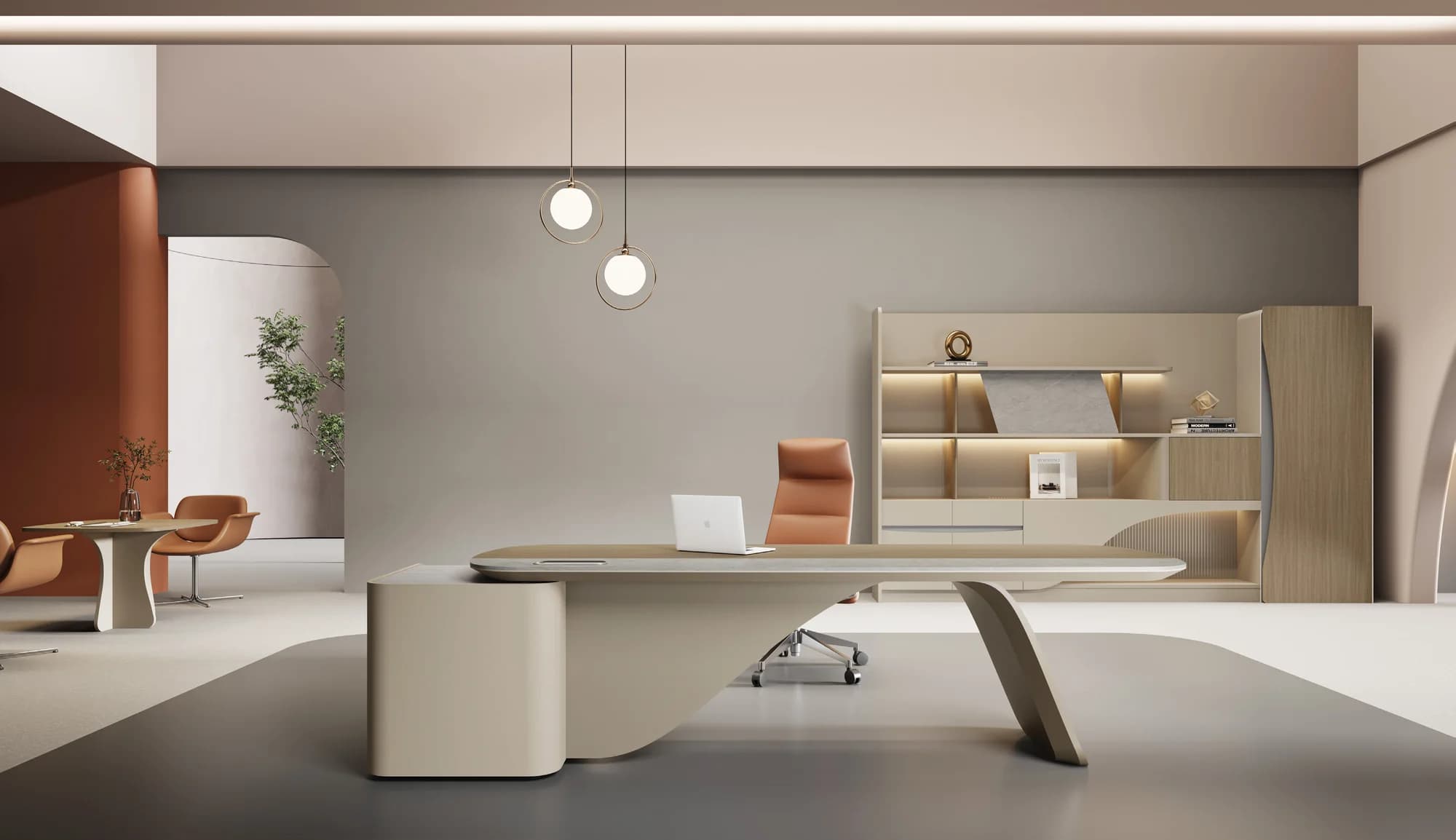 A light-toned executive desk and seating in a contemporary office setting.